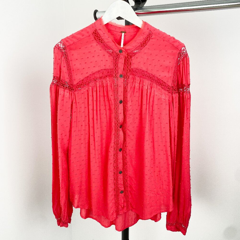 Free People Women's Salmon Coral Lace Long Sleeve Button Down Blouse Large
